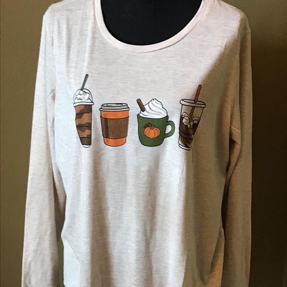 Fall coffee design long sleeve T-shirt.  Size X-LARGE